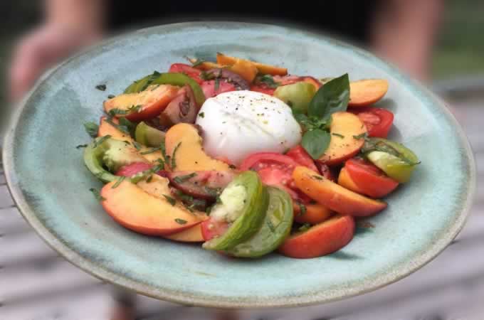 Burrata with Heirloom Tomatoes, Peaches and Basil
