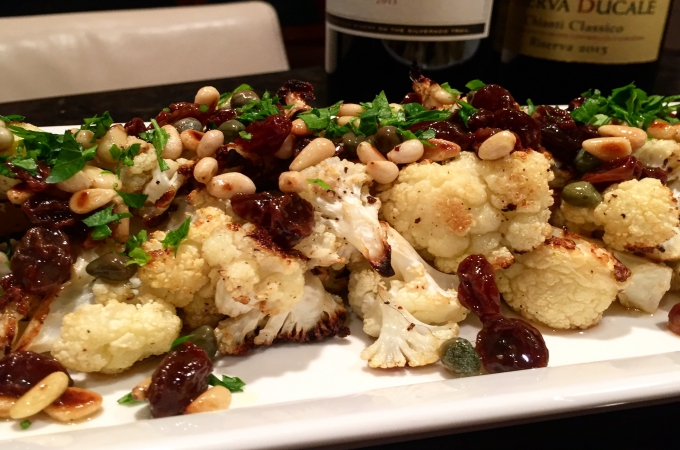 Roasted Cauliflower Bites with Pine Nuts, Raisins and Capers