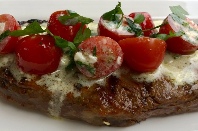 Grilled Steak with Cherry Tomatoes and Cambozola